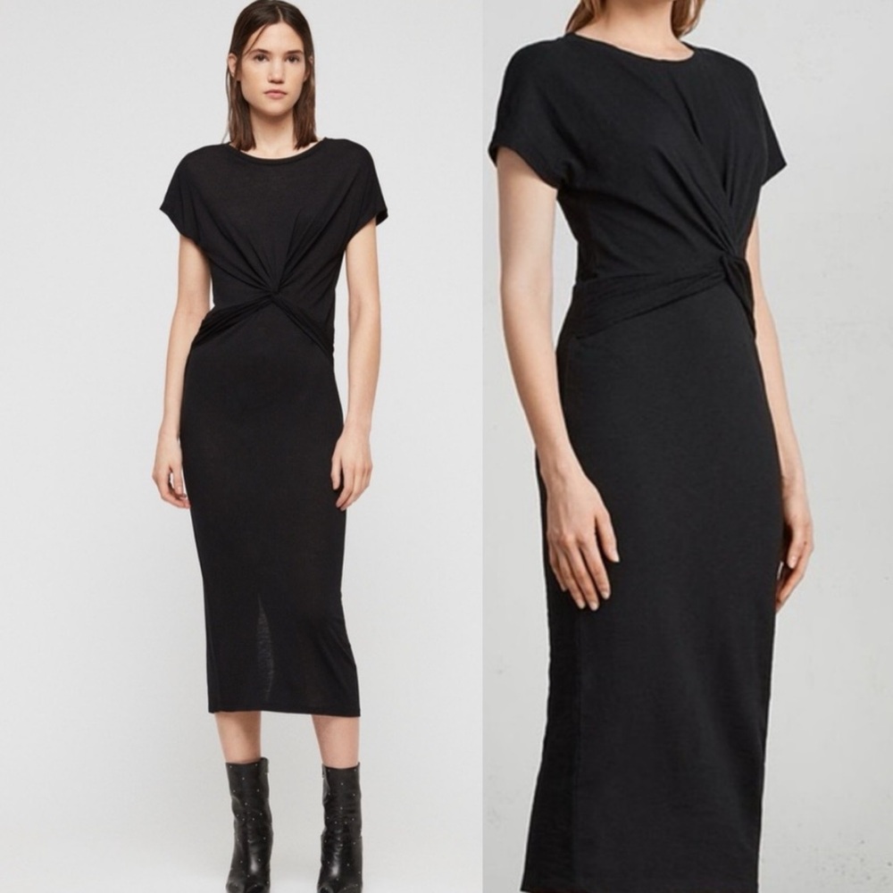 All Saints Ruched Midi Black Dress Sz S - Picture 3 of 14